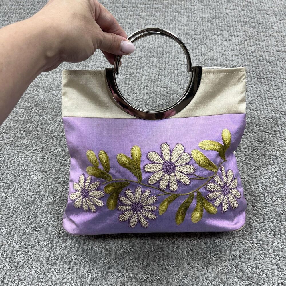 Della Q Top Handle Bag Womens Small Purple Silk Floral Embroidered Ring Evening